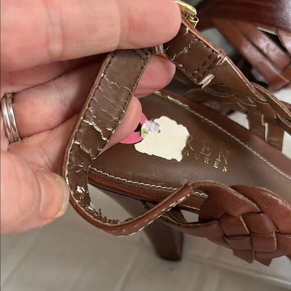 LAUREN RALPH LAUREN 9 Brown Woven Heeled Sandals Braided Slingback Open Toe - Picture 13 of 15